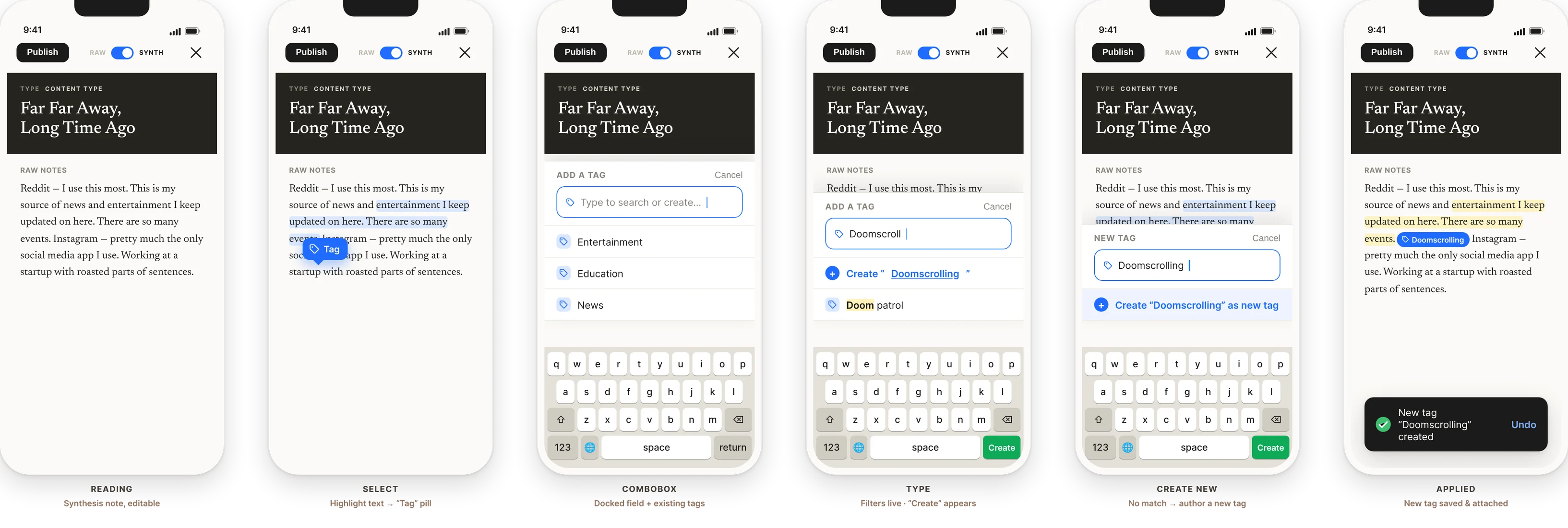 Creating a tag: a sequence of phone screens from reading a note to the tag being applied