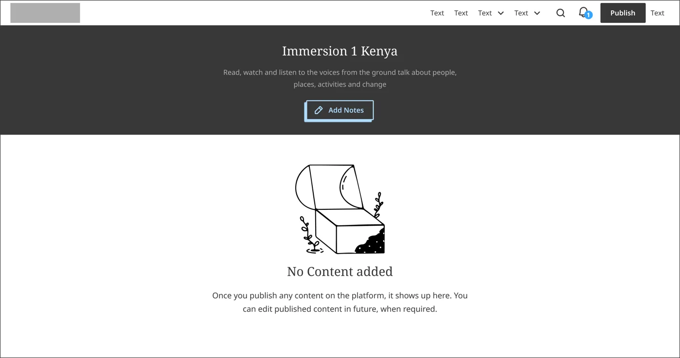 Empty project page with an open box illustration and the message No content added