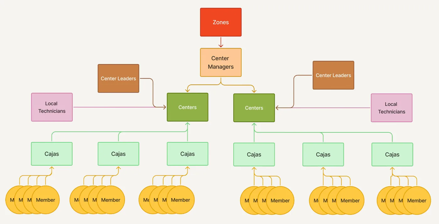 Governance tree from zones to centres to cajas and members
