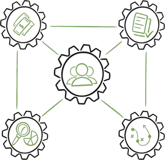 A network of gears around a group of people