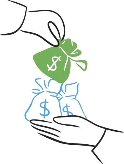 A hand passing a money bag to another hand