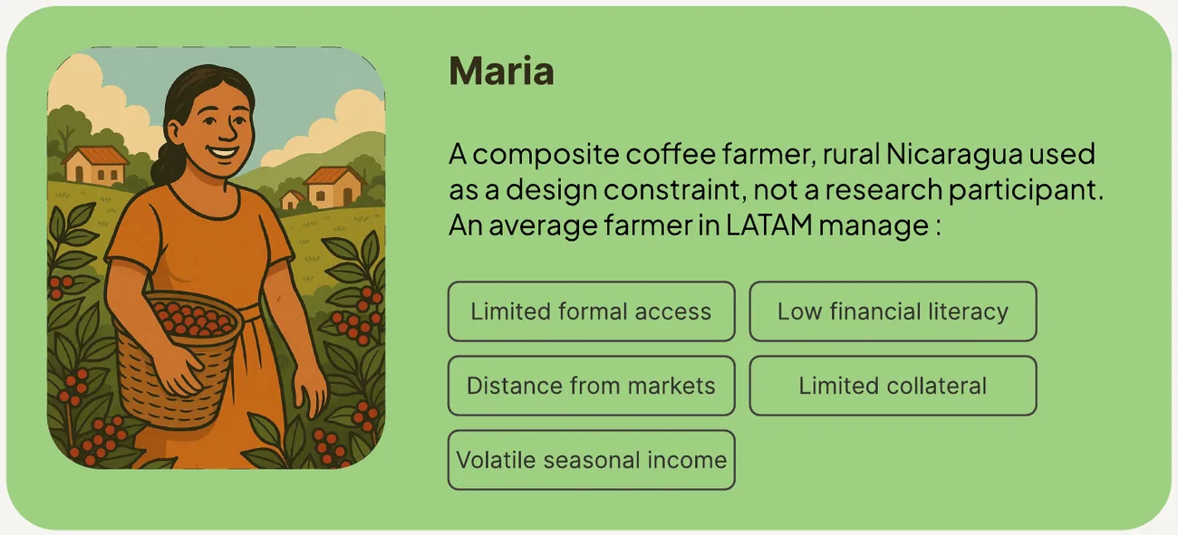 Maria's profile: limited formal access, low financial literacy, distance from markets, limited collateral, volatile seasonal income
