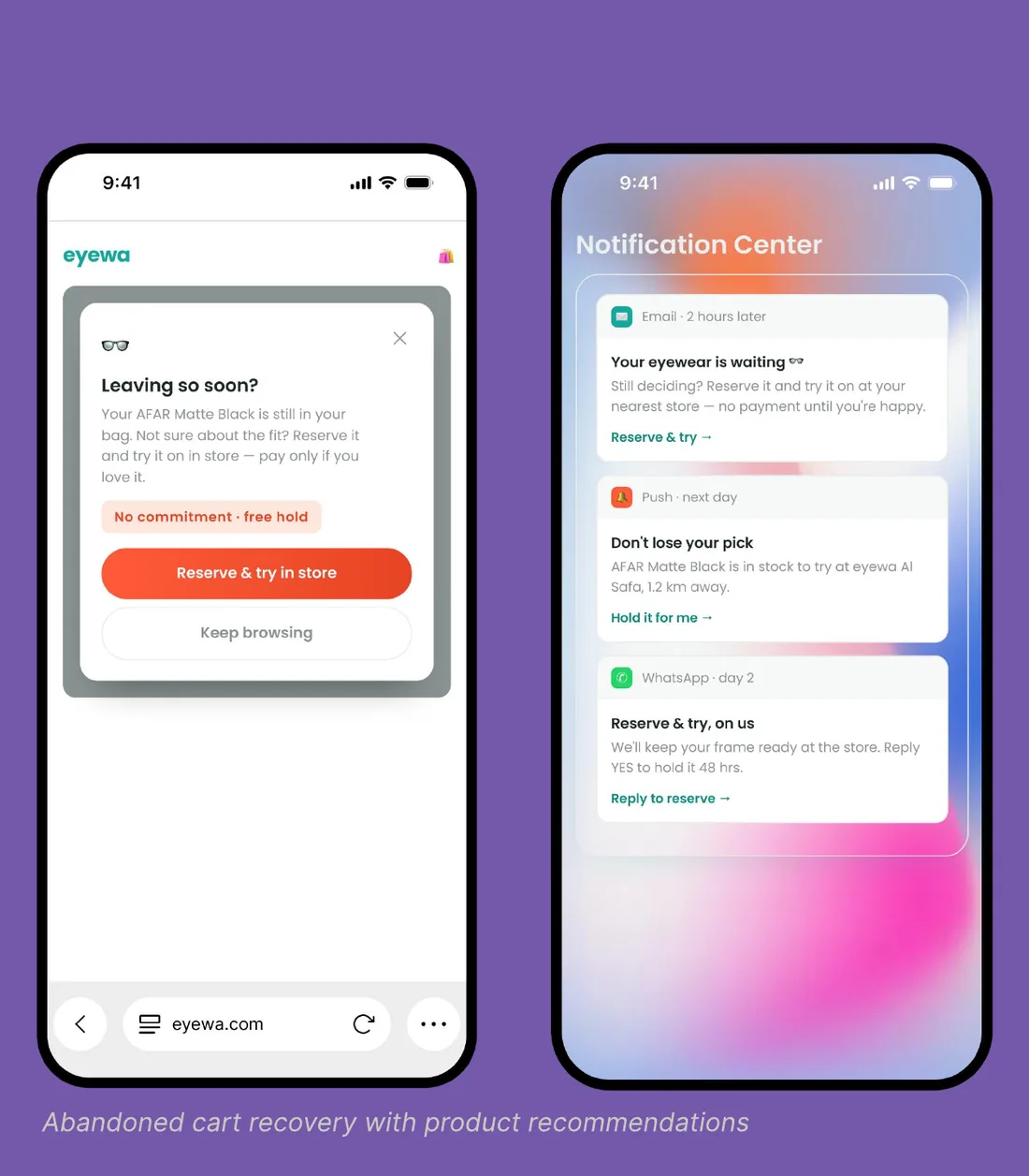 Abandoned-cart recovery with product suggestions across the app and notifications