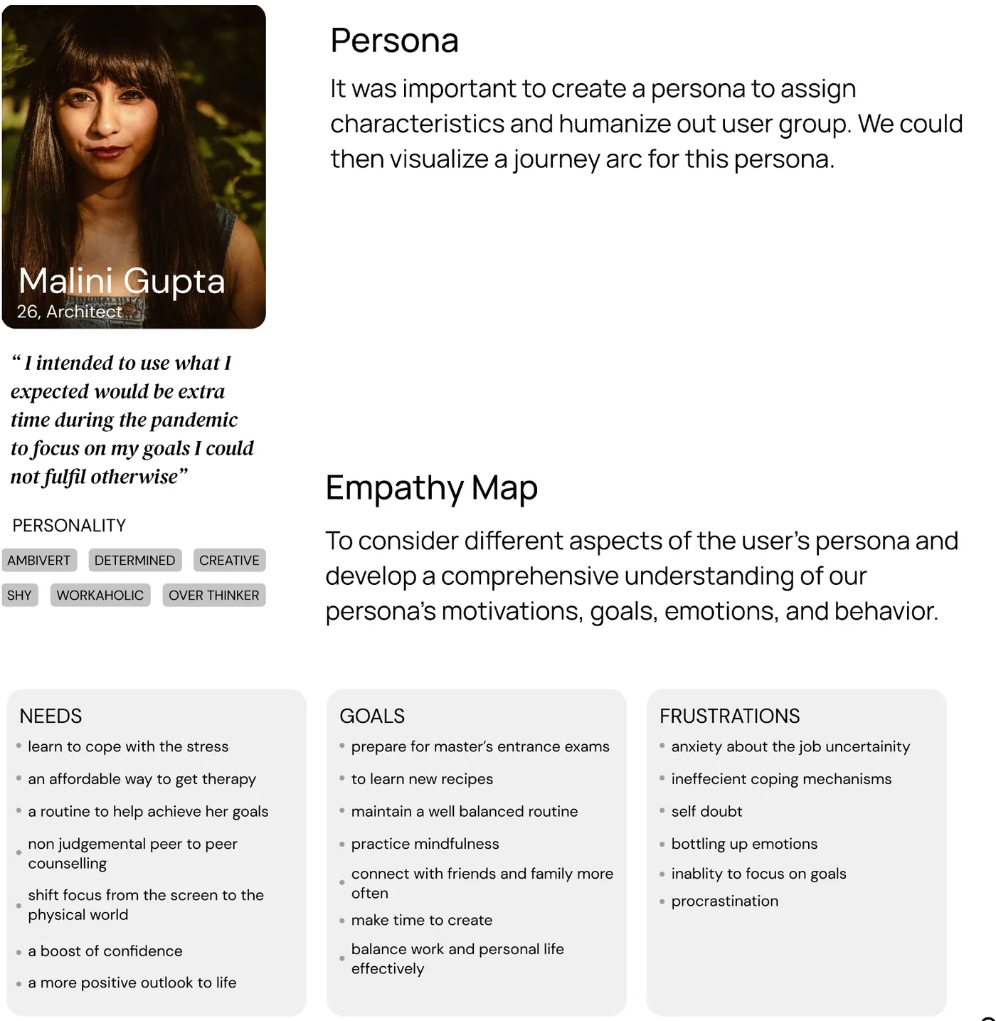 Persona of Malini Gupta with needs, goals and frustrations