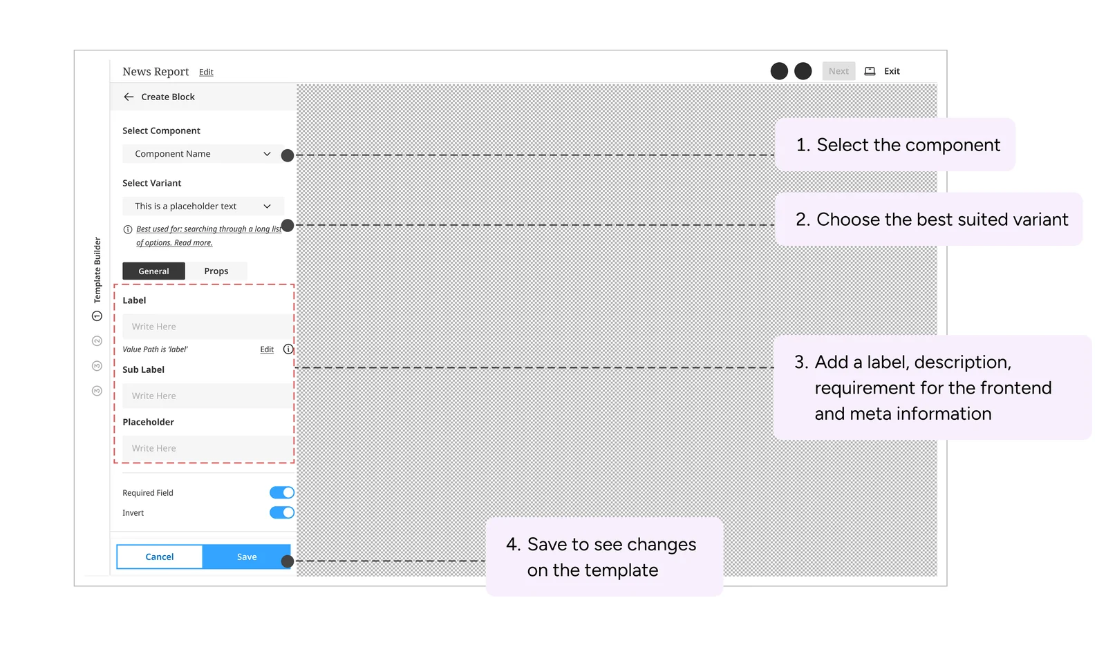Create Block panel showing component, variant, label fields and save