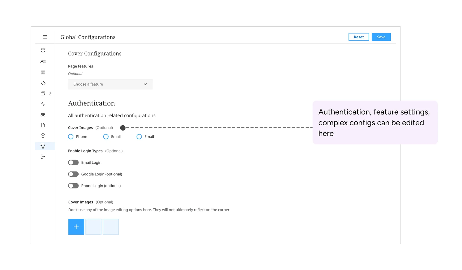 Global configuration panel with authentication and login options