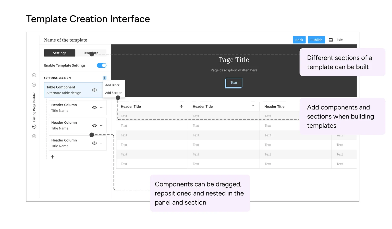 Template Creation Interface with a component panel and live page preview